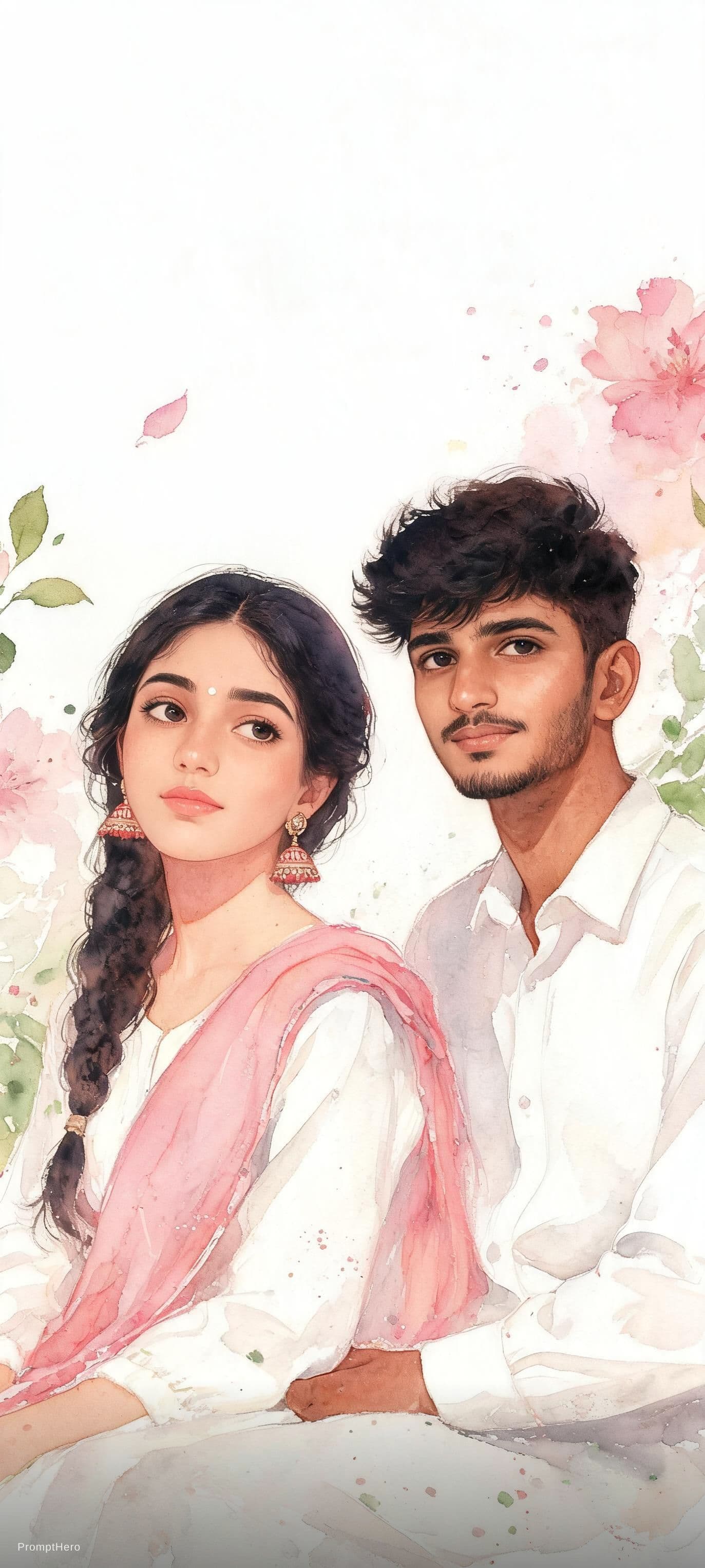 AI generated: Watercolor-style portrait of a young Indian couple sitting gracefully in a white outfit with a pink ...