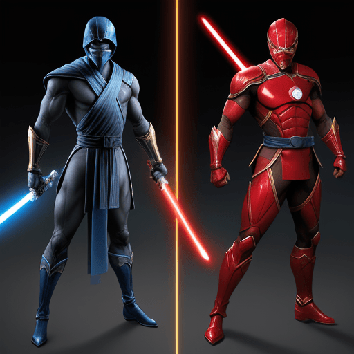 AI generated: a tall black and blue ninja that looks like sub-zero with a sword and red belt. versus a man in a RE...