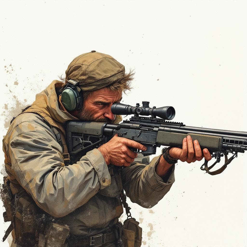 AI generated: a half height realistic painting of an sniper, white background Vintage-style illustration, nostalgi...