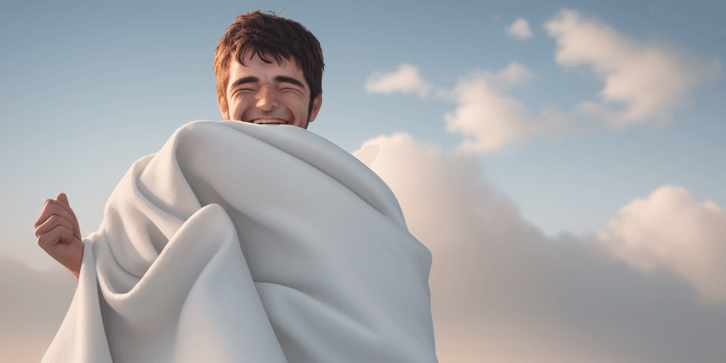 AI generated: People holding polyester blankets laugh at a man holding a cotton blanket, hd , 8k 
