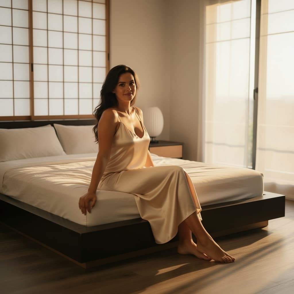 AI generated: In a tranquil minimalist bedroom, a poised woman sits on a low modern platform bed, serene and self ...