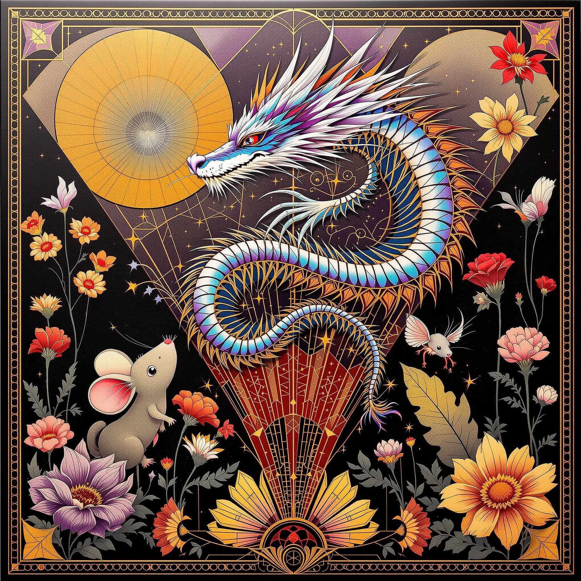 AI generated: Art Deco wall art, up down, up down, an iridescent dragon, up, down, across, up, down, a cheeky mous...