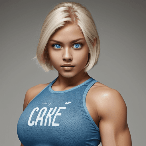 AI generated: big blue eyes, caramel colored skin, muscular, platinum blonde hair, bobbed hairstyle, happy express...