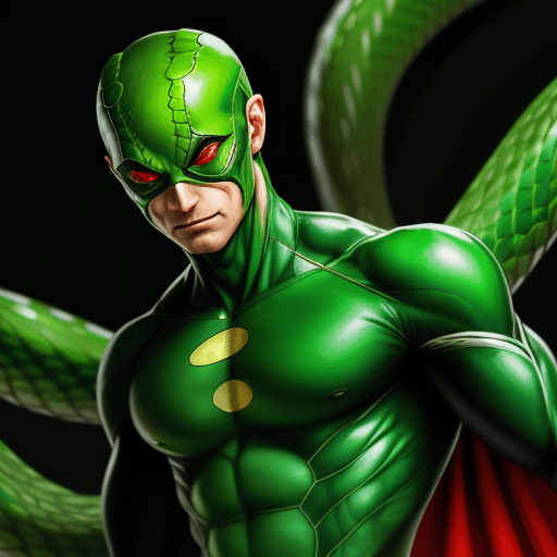 AI generated: male green snake superhero with red eyes