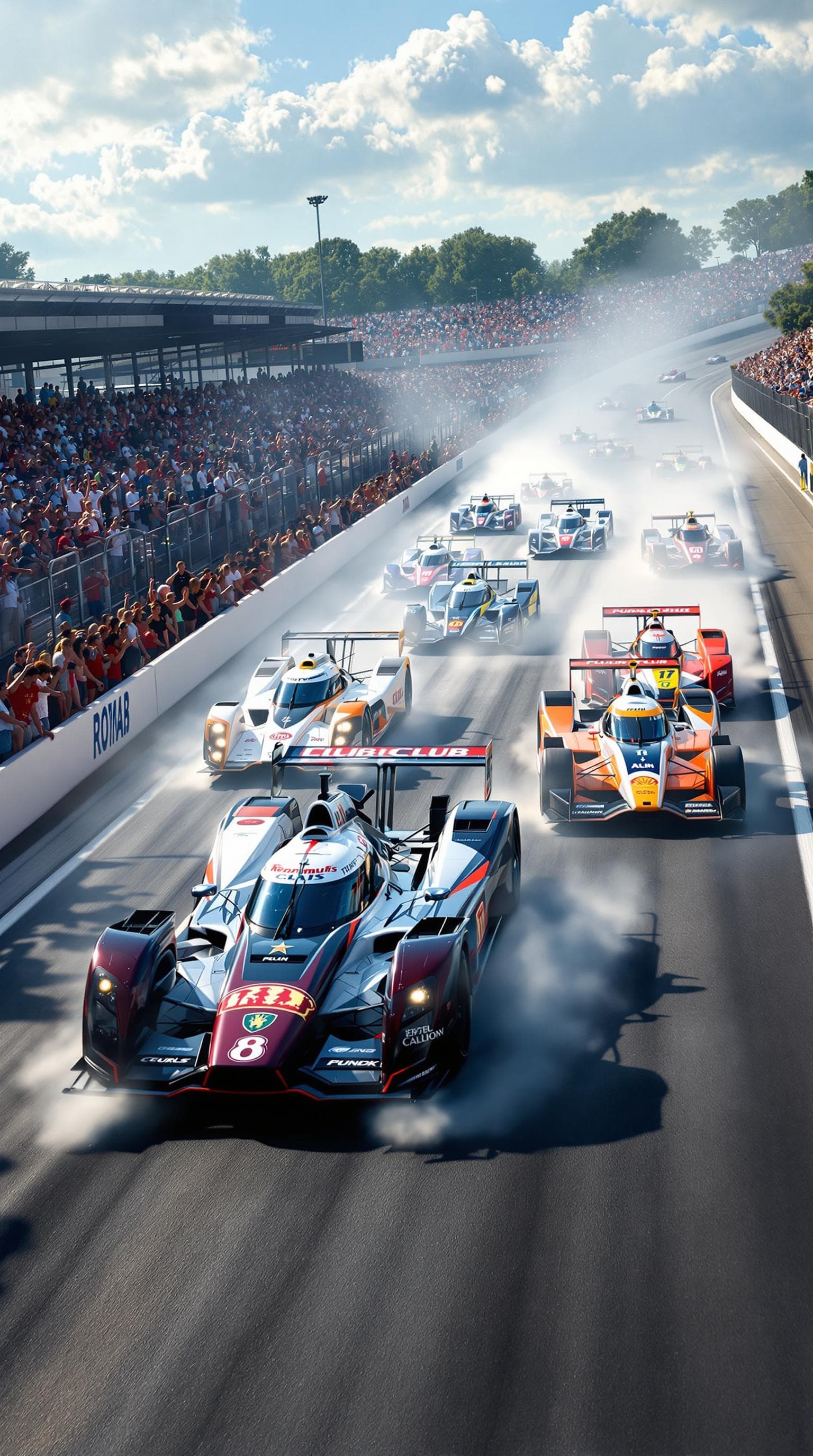 AI generated: Summer. 6 (six) racing cars with logos of different clubs on the sides, start moving along the race ...