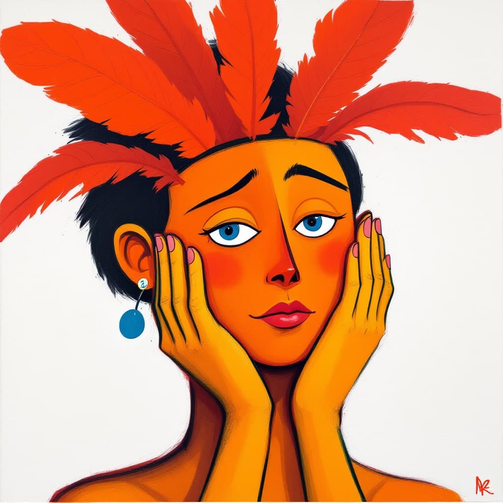 AI generated: A painting in the style of Joan Miro depicting a cartoon figure with blue eyes, orange skin, black h...