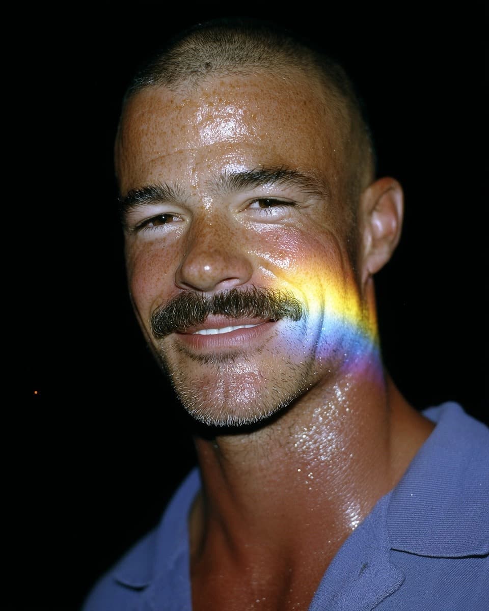 AI generated: A man in a dark setting with a rainbow reflection across his face, wearing a blue shirt and smiling,...