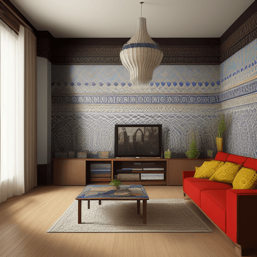 AI generated: Ukraine ethnic modern aesthetic modern patterns on the wall  interior


