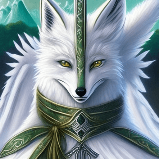 AI generated: A very beautiful white humanoid fox, green eyes, white hair, white fur, wearing a white and blue bat...