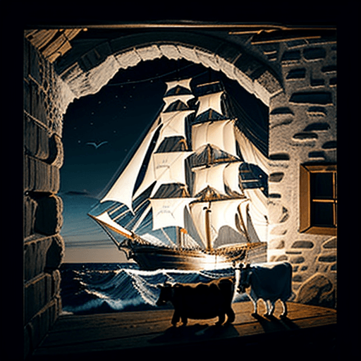 AI generated: Four masted Sailing Ship sailing into a wall at night with a cow watching in the background.




