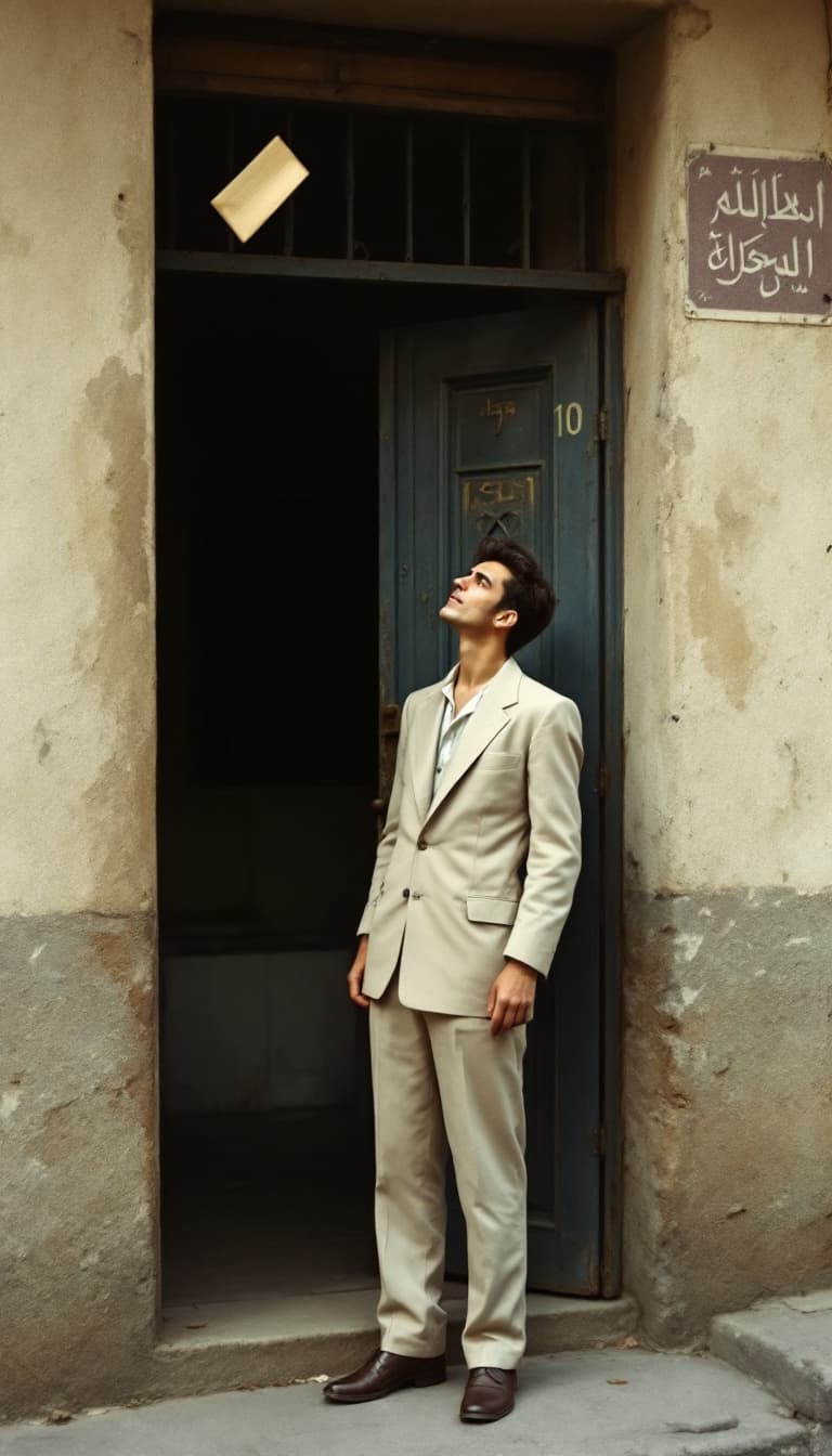 AI generated: A young man from the 1950s standing at the door of an old Iranian house with a metal door typical of...