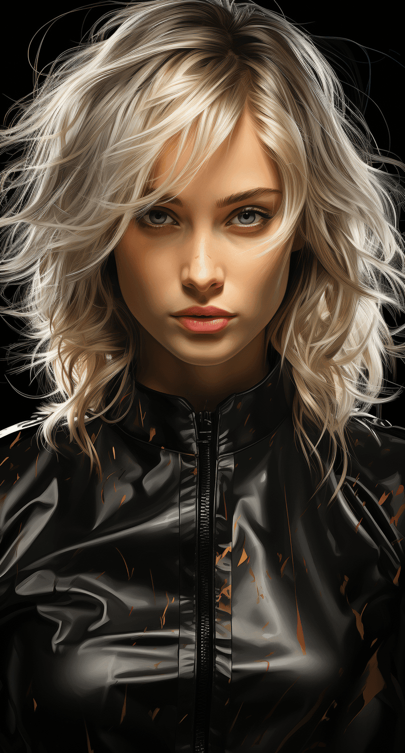 AI generated: a drawing of a blonde woman in black shirt and black leather, in the style of comic book-style graph...