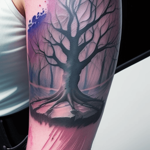 AI generated: Hyper realistic tattoo design embodiment of the saying "The axe forgets but the tree remembers", wat...