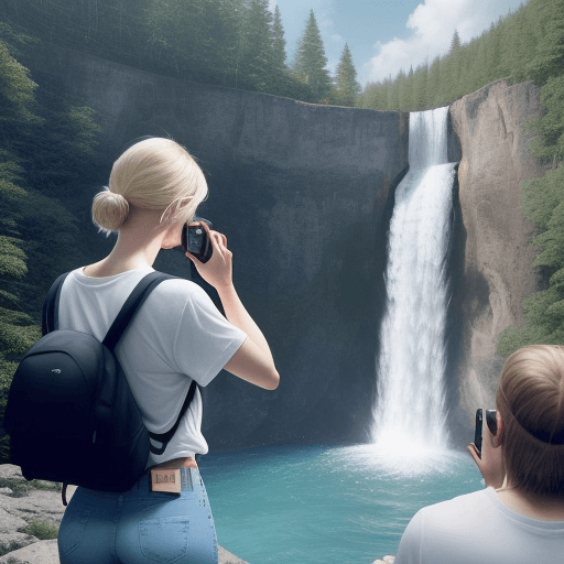 AI generated: A blonde woman takes pictures of the shapely man with her phone, You can see only the back half of t...