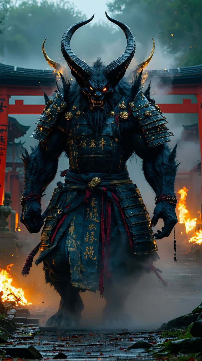 AI generated: "A colossal, armored Oni Warlord emerges from the thick mist of a torii gate, its towering form twic...