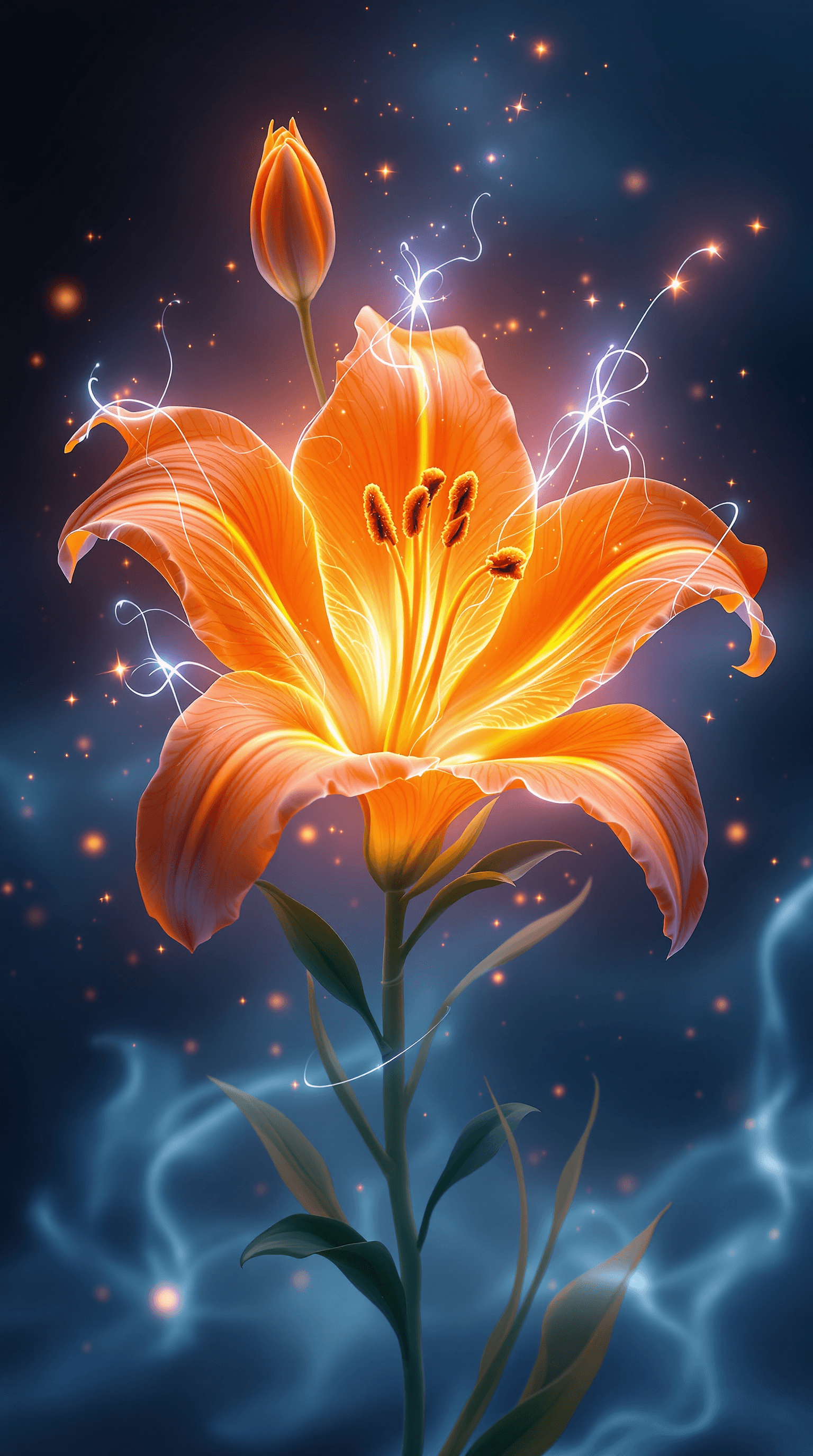 AI generated: A **highly stylized and fantastical depiction** of a **lily flower**, glowing with an **otherworldly...