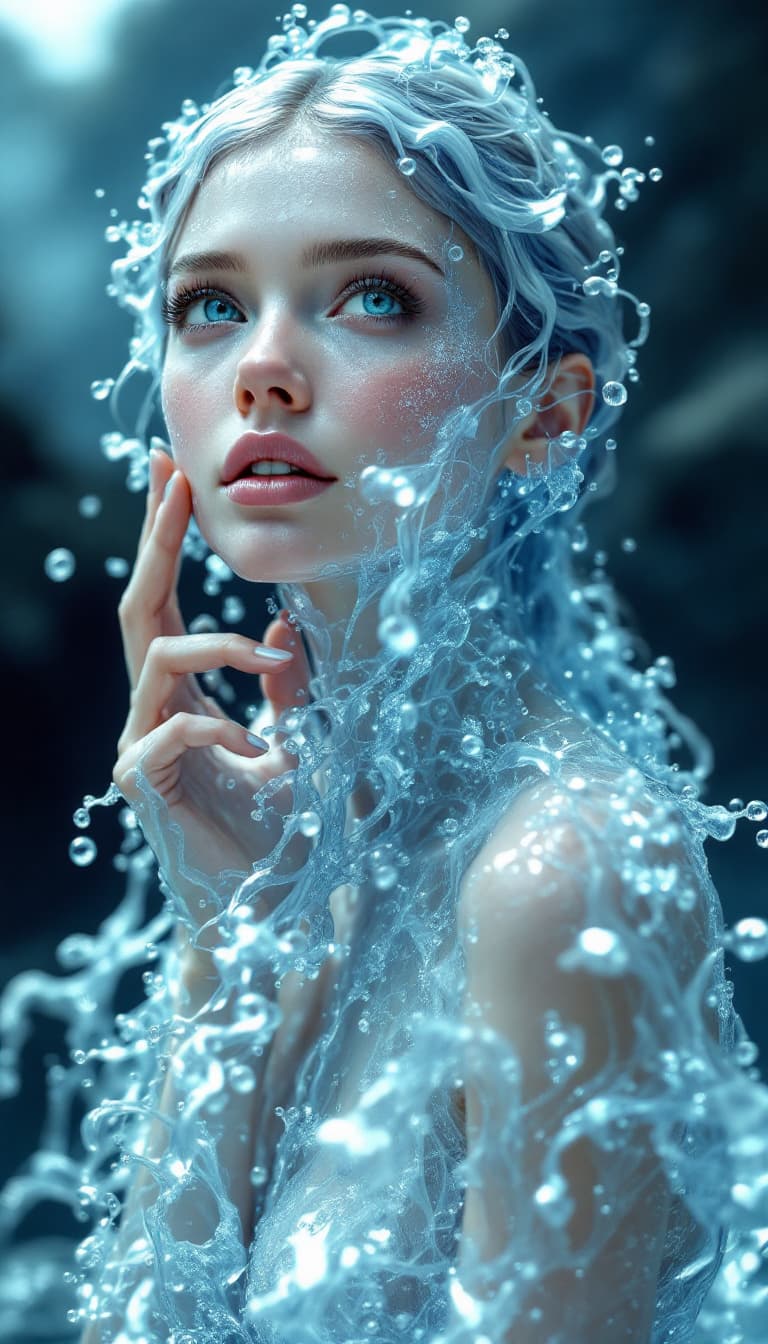 AI generated: Beautiful water Goddess (NSFW:1.2), realistic water hair, water skin, looking up, (extremely detaile...