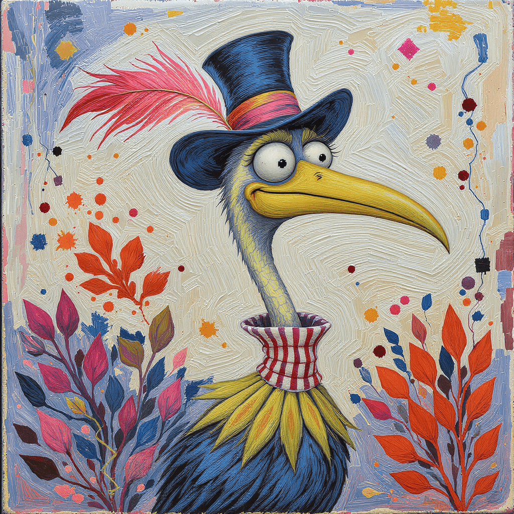 AI generated: A whimsical long-necked bird with exaggerated features — large expressive eyes, a pointed beak, and ...