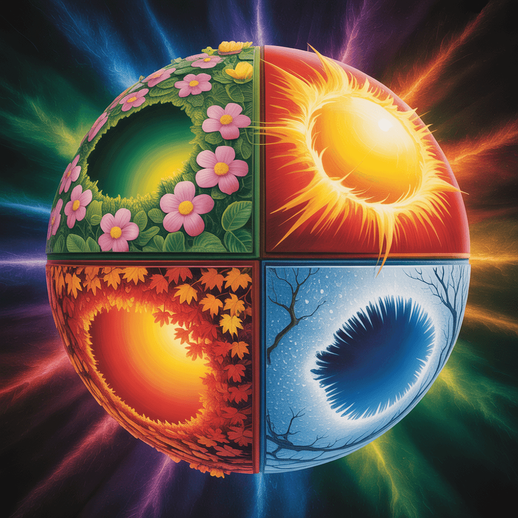 AI generated: Craft a spherical world divided into four quadrants, each symbolizing a season. Spring’s quadrant fe...