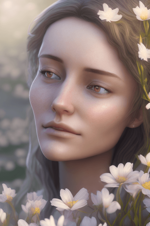 AI generated: closeup portrait of 1 pure 28 year old girl, standing by a river in the spring season with flowers, ...
