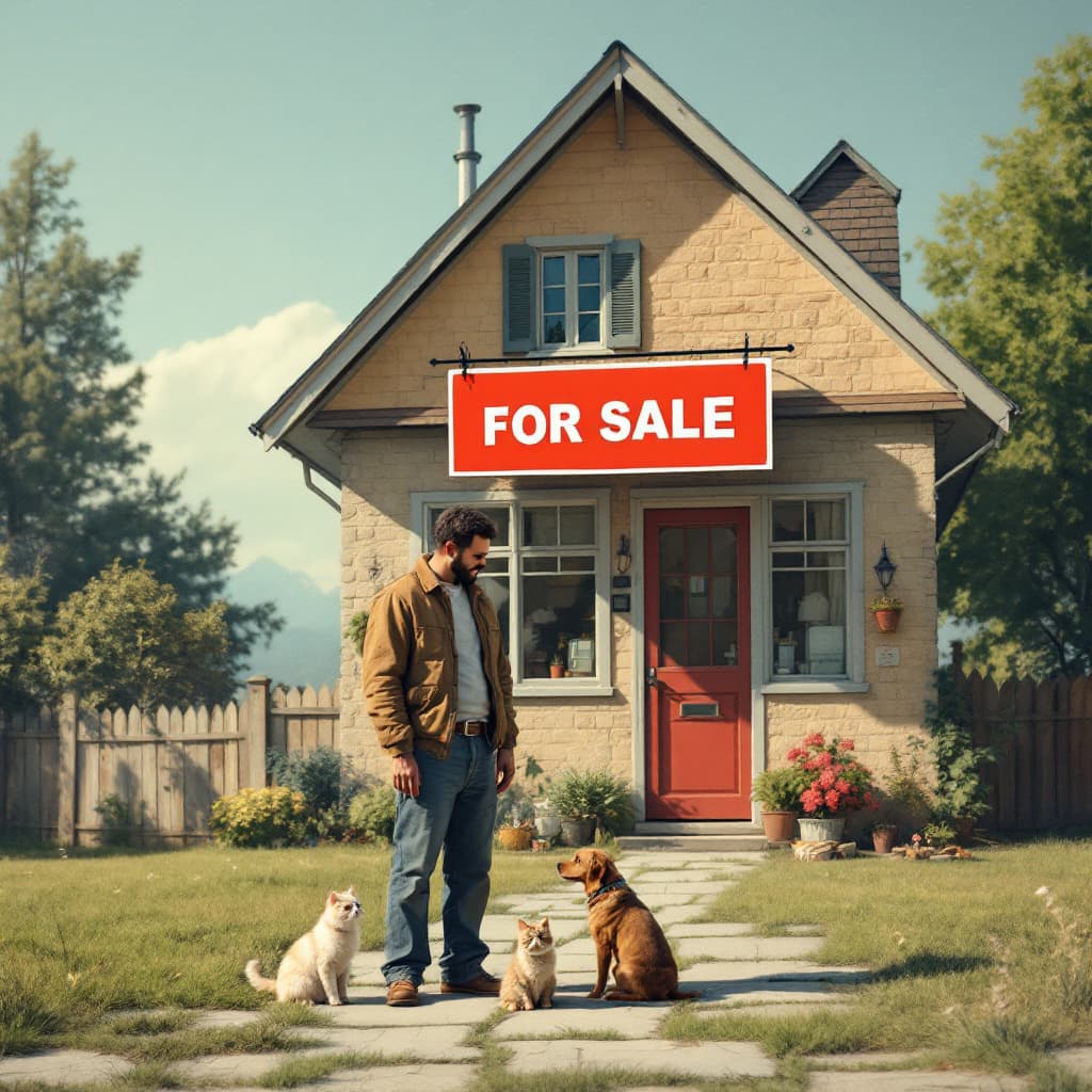 AI generated: house with person in front with a dog and a cat next to them. The house has a big sign that says "FO...