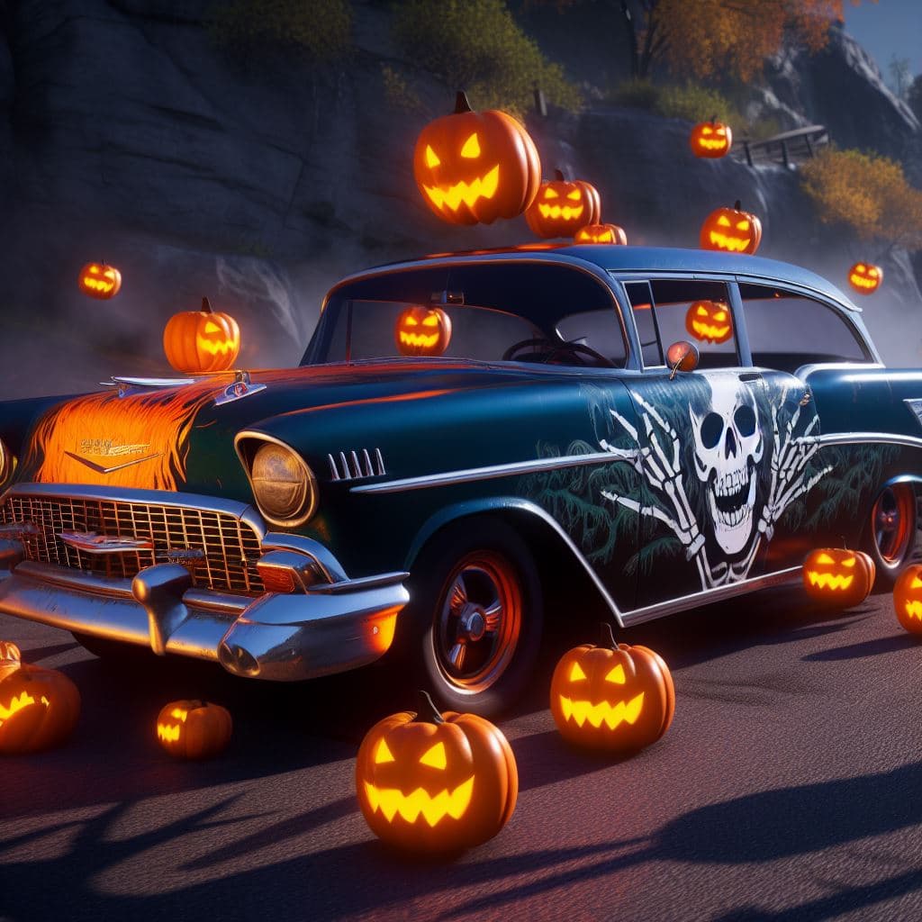 AI generated: a 1955 Chevy Nomad with Halloween skeleton graphics and micro fire pumpkin graphics surrounded by gl...