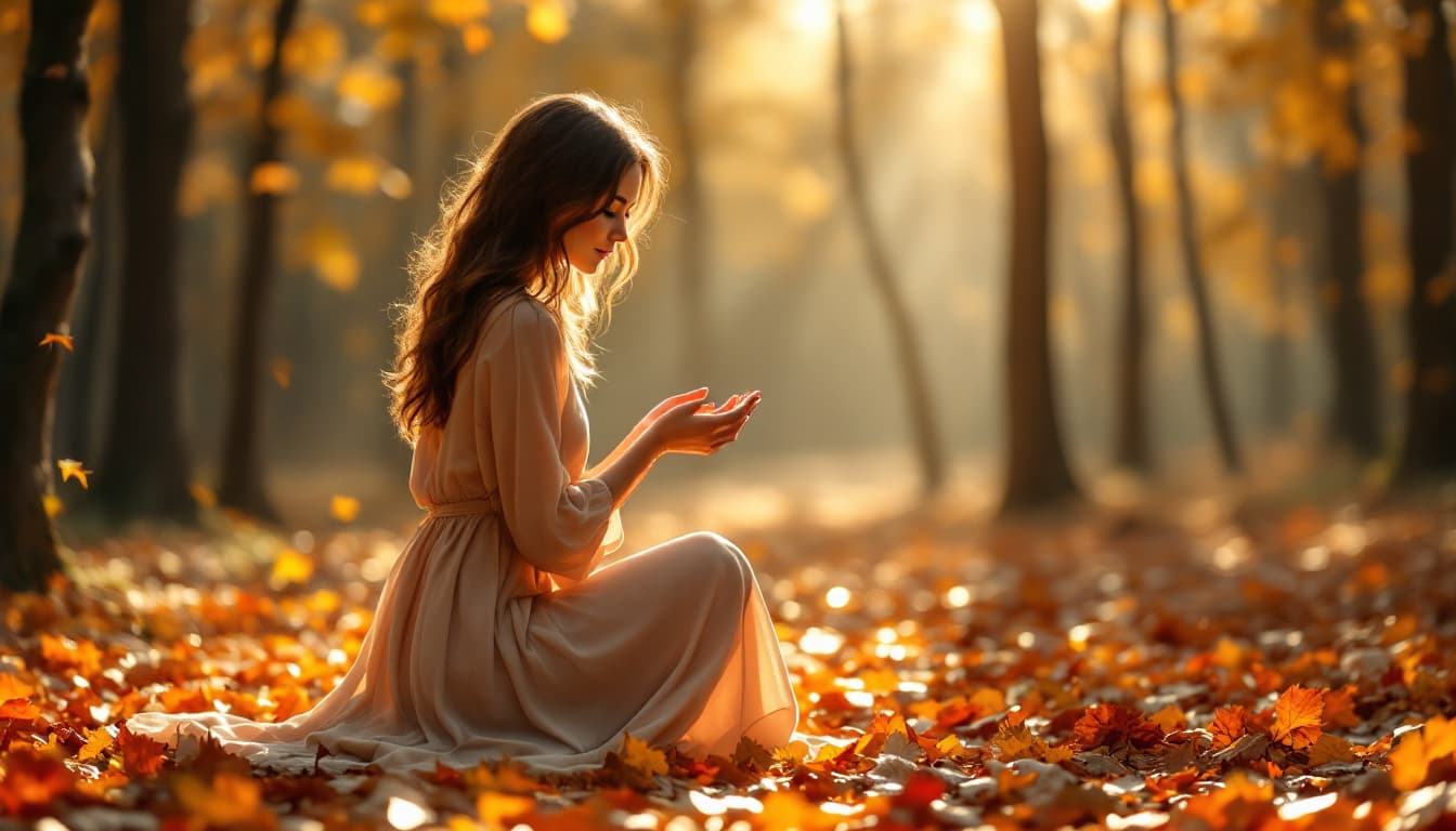 AI generated: In a serene autumn forest, a womans silhoutte in a flowing beige dress kneels on a carpet of orange ...