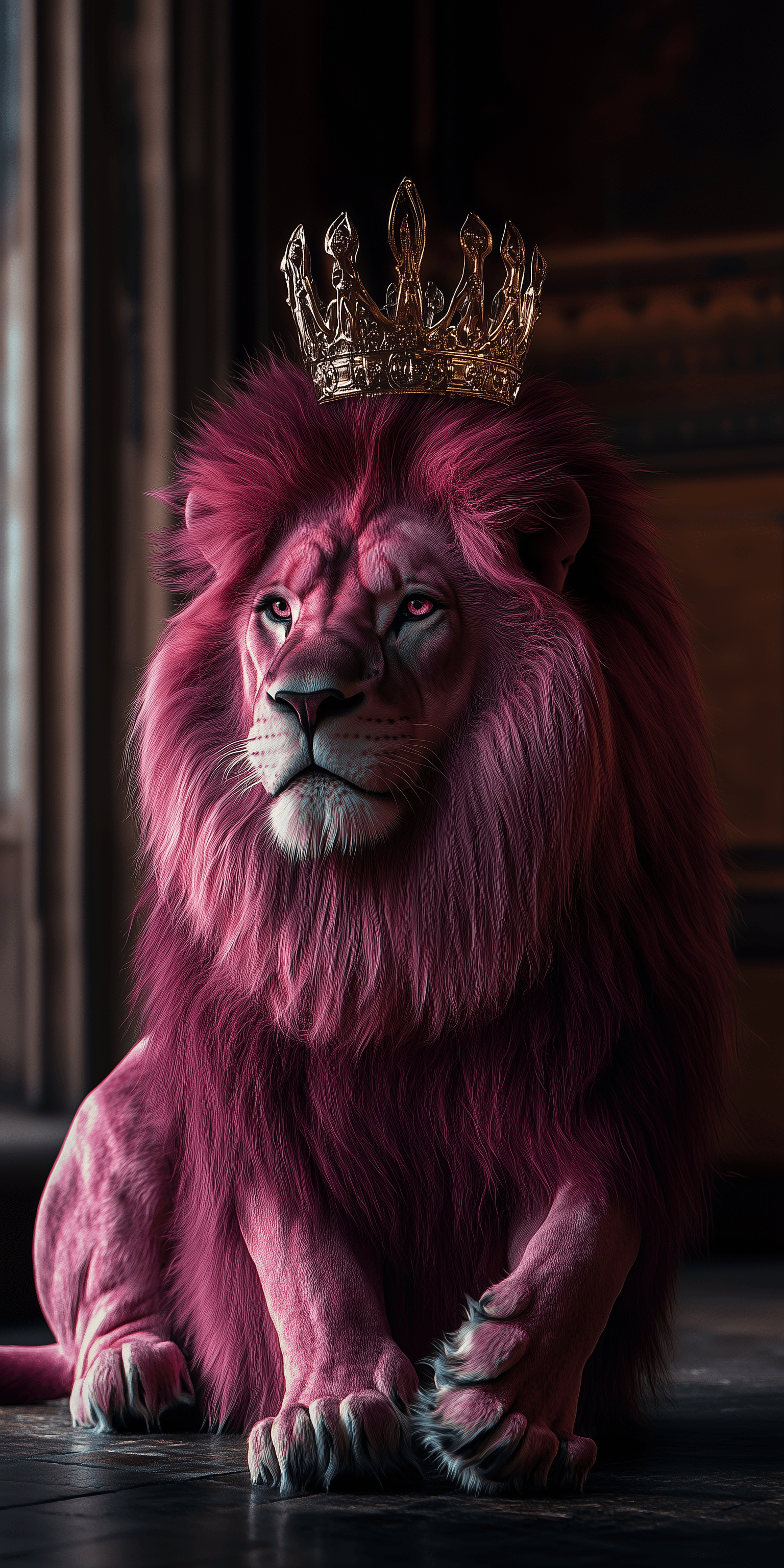 AI generated: A pink lion with a dark red mane, sitting on the floor, wearing a crown, cinematic photography, cine...