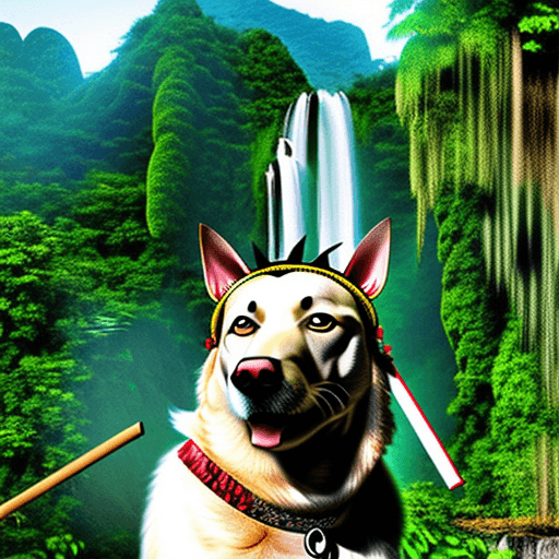 AI generated: realistic, dog in samurai hat, smoking joint, on big rock in the jungle, waterfall in the background