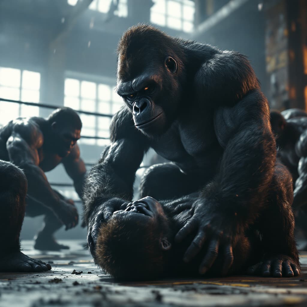 AI generated: Cinematic professional 3D animation of a gorilla  in a gym ring surrounded physically fit black men ...