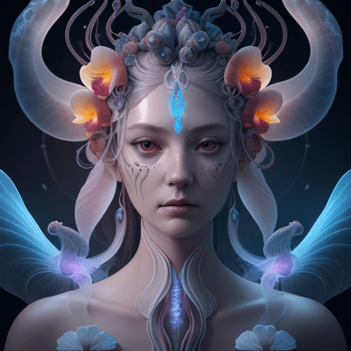 AI generated: Goddess close-up portrait ribcagel. jellyfish phoenix head, nautilus, orchid, skull, betta fish, bio...