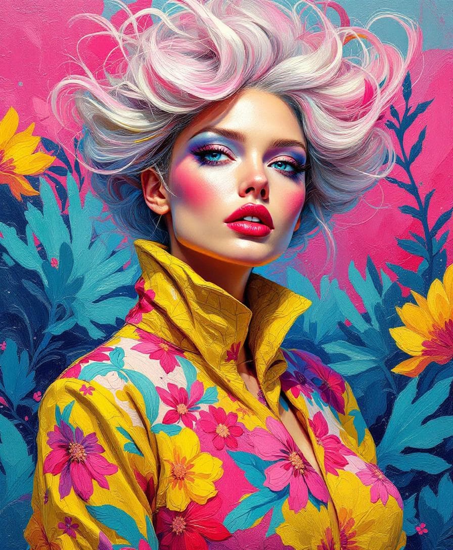 AI generated: A striking impasto oil painting in vibrant pink, yellow, and teal hues, featuring a fashionable woma...