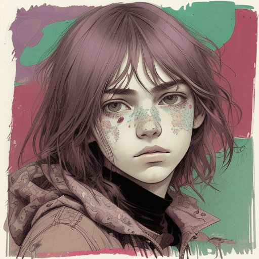 AI generated: print collage. one face of teenager. in the style of Moebius. lineart,  grunge beauty, colorfull. an...