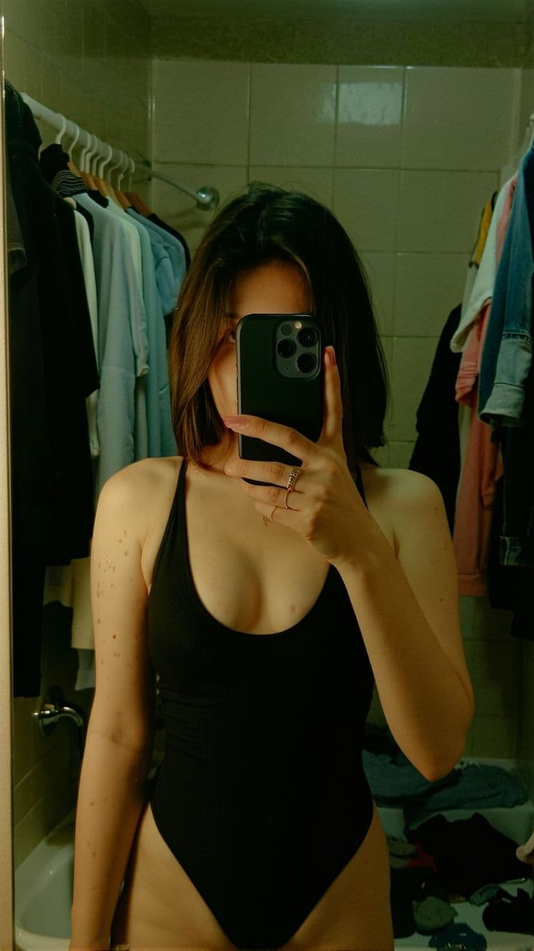 AI generated: A 30 years old woman stands in front of a mirror wearing swuimsuit, capturing a selfie. The image qu...