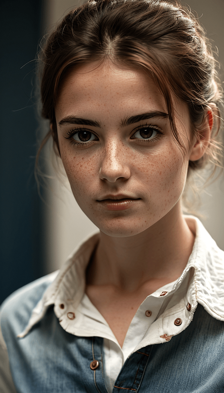 AI generated: An image of a young woman with soft brown hair and fair, freckled skin. She should have light brown ...