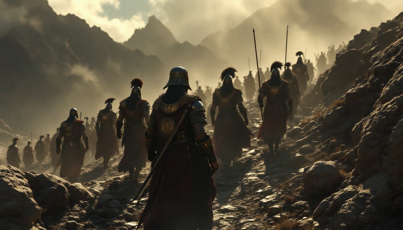 AI generated: Ultra-realistic .High-angle shot of the group advancing through the mountains, their shadows fading ...