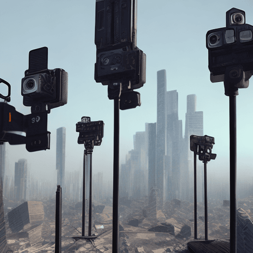 AI generated: Dystopian city, mound of tripods selfie sticks and phone mounts, gritty, octane render, ultra-realis...
