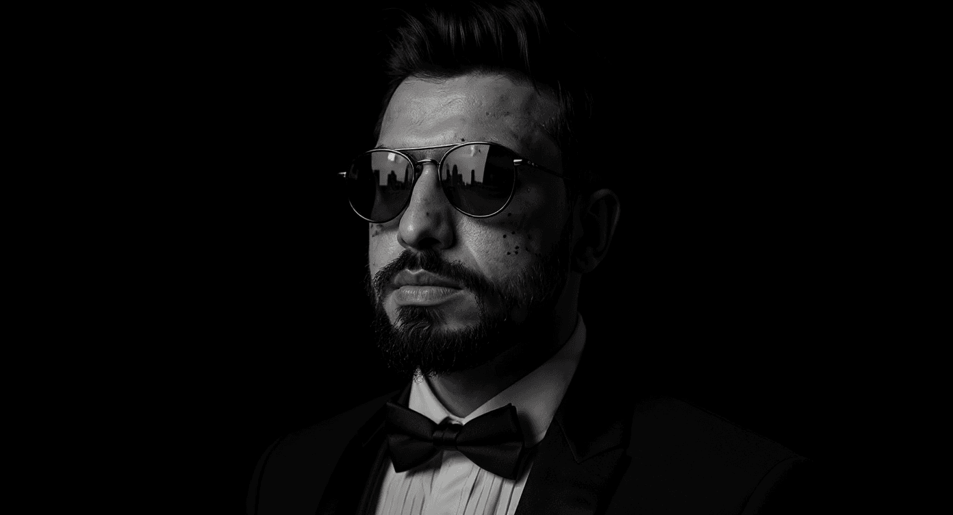 AI generated: Ultra-realistic black and white close-up of Hasanzadeh with side cinematic lighting. Deep shadows hi...