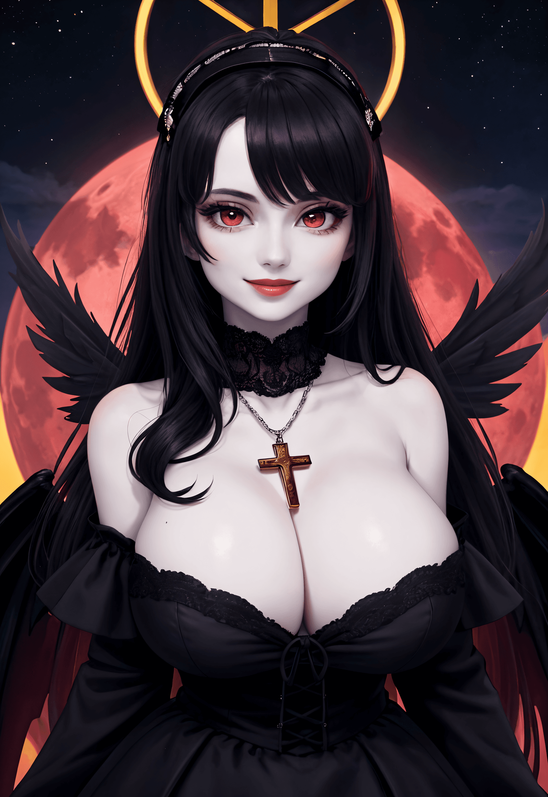 AI generated: dark-theme, (red moon, magic circle, night sky:1.1), lady, (pale skin:1.3), (black long hair, halo, ...