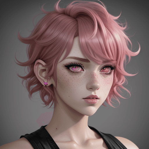 AI generated: anime style, Handsome woman with pink medium short curly hair, freckles, revealing her big deep pink...