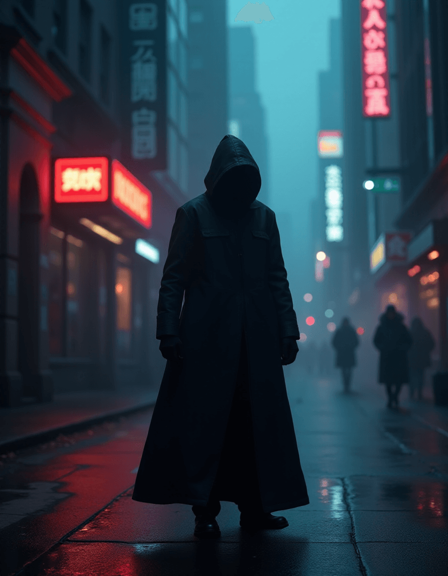 AI generated: "cinematic still, medium shot on ARRI Alexa 35, a lone hooded figure using chaos magic, low-key colo...