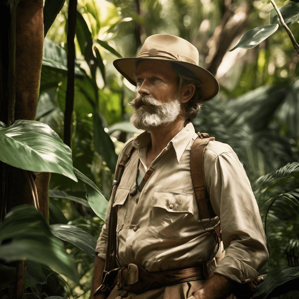 AI generated: A 40-year-old Victorian-era explorer, donning a pith helmet and safari attire, stands in the heart o...