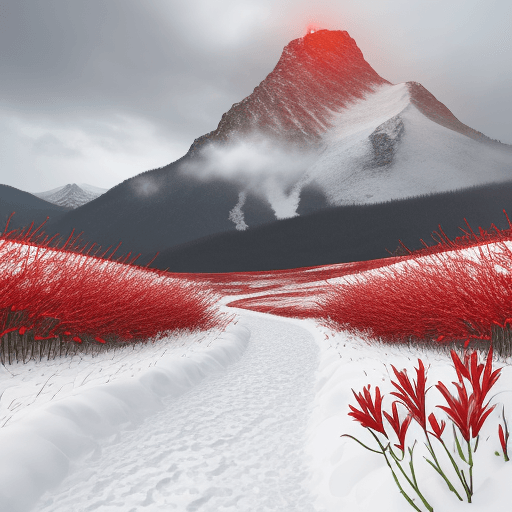 AI generated: Snow scenery, Snow road, blooming red lilies, two crumbled black towers in the distance, cloudy