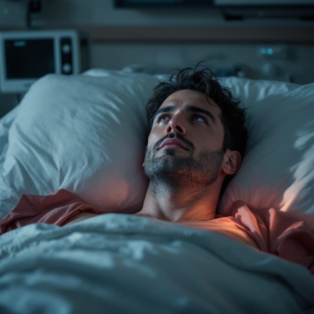 AI generated: 1man, sick, laying on bed, SEMI-REALISTIC, Looking at viewer, hospital background