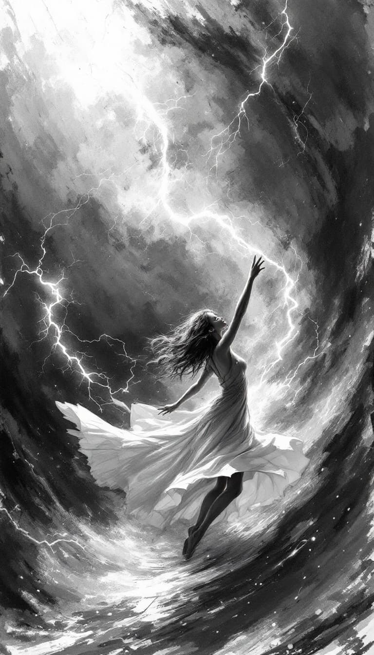 AI generated: Sketch Art, Textured Ink Lines, Expressive Brushstrokes, Evocative, Woman in a Storm, Dancing with L...