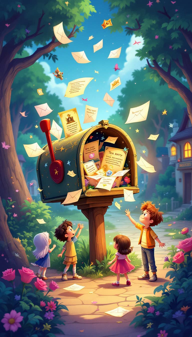 AI generated: enchanting illustration of a magical mailbox overflowing with animated letters, Pixar-style animatio...