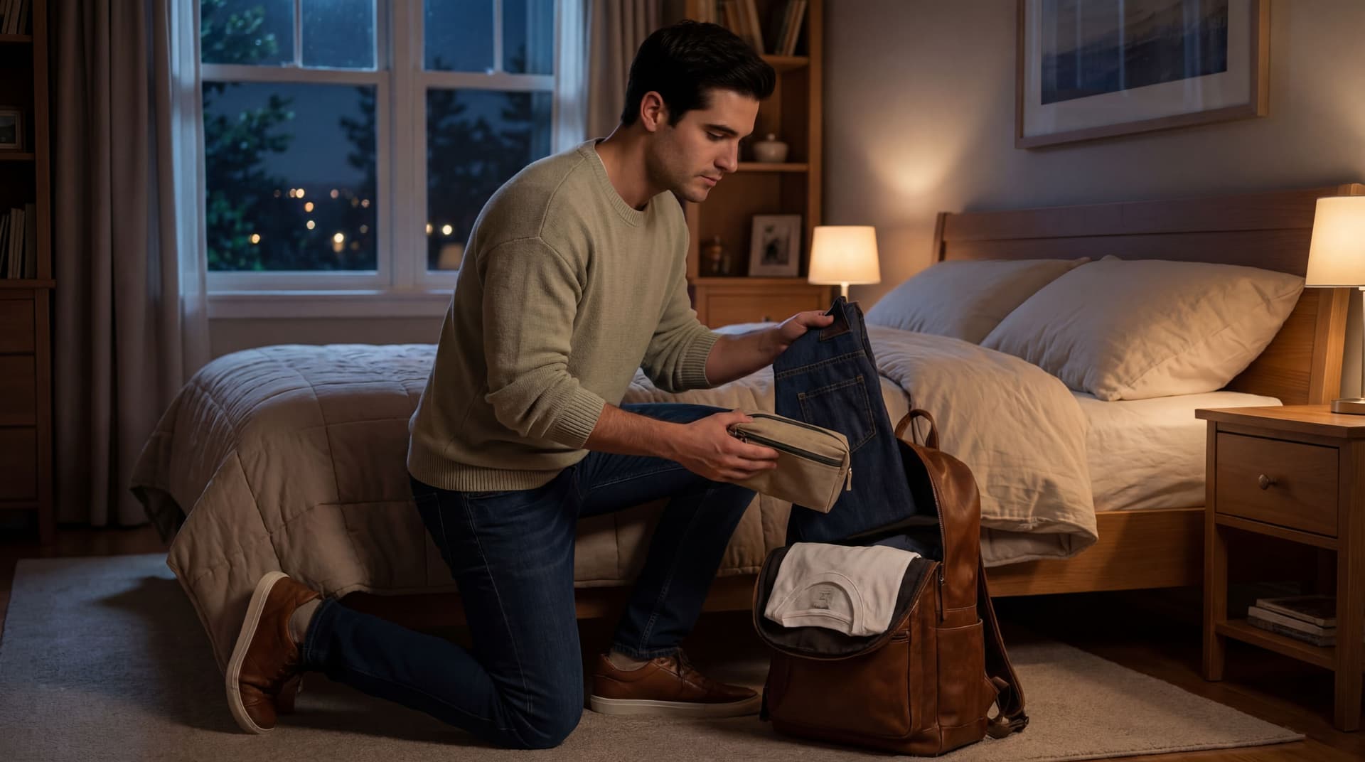 AI generated: At a cozy bedroom. it's dark outside. The Hispanic guy is putting in his brown leather back-pack an ...