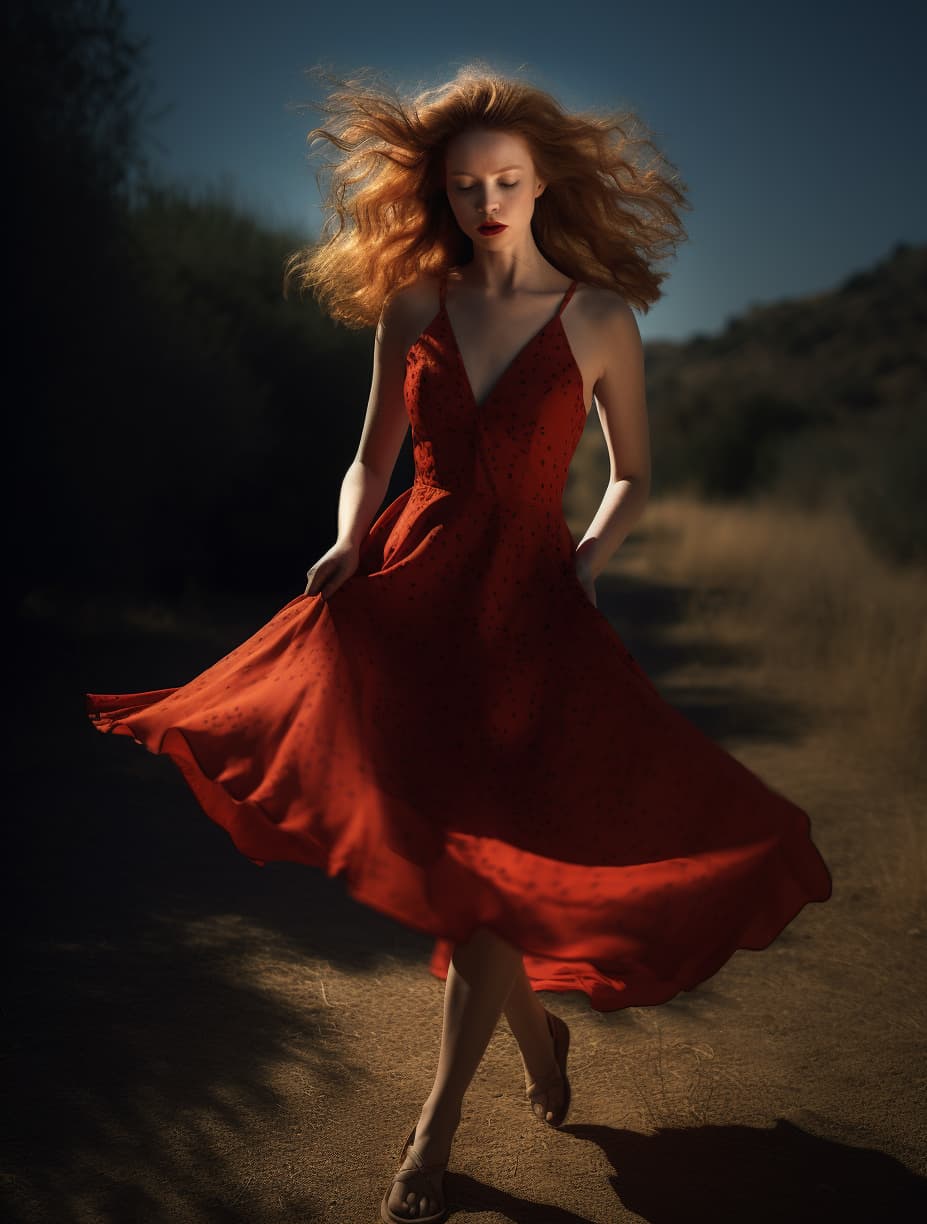AI generated: full body photo head-to-toe of a beautiful red headed kristine froseth, walking in high heels, hair ...