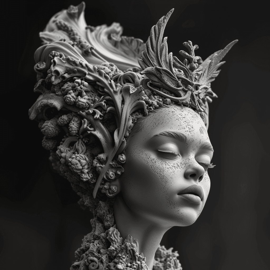 AI generated: a black and white sculpture of a woman with an elaborate crown, in the style of hyper-realistic sci-...