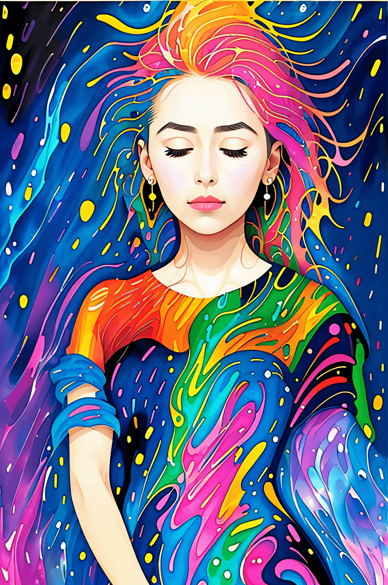 AI generated: masterpiece, best quality, (2d minimalist vector illustration), 1girl, beautiful woman, closed eyes,...